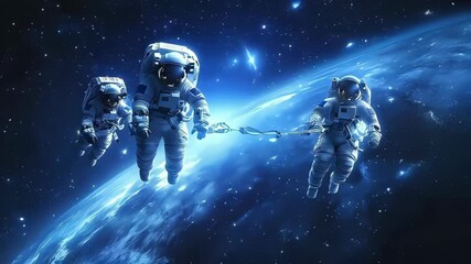 Three astronauts float in space, exploring the vastness of the cosmos together. - Powered by Adobe
