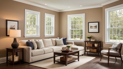 A modern living room with neutral tones features large windows, cozy sofas with pillows, a coffee table, indoor plants, stylish artwork, and wooden flooring.