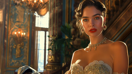 A woman in an evening gown during a party from the nostalgic era