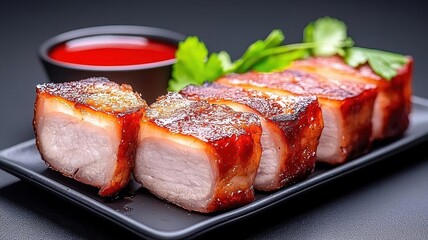 Delicious roasted pork belly served on a black plate with dipping sauce and fresh herbs.