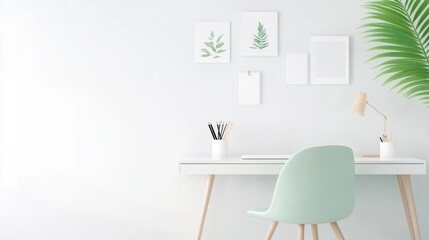 Minimalist home office with a sleek desk, a modern chair, and a wall filled with motivational posters.