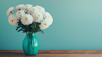 Elegant white chrysanthemum flowers in a turquoise vase on a rustic wooden table against a blue wall, showcasing a minimal vintage style with soft lighting and pastel colors