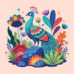  a vector illustration of a peacock with exaggerated, geometric shapes and bold colors. The tail feathers should fan out in a circular pattern, showcasing vibrant blues, greens, and golds.