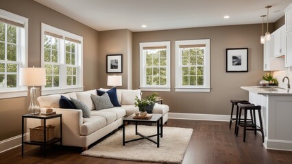 A modern living room with neutral tones features large windows, cozy sofas with pillows, a coffee table, indoor plants, stylish artwork, and wooden flooring.