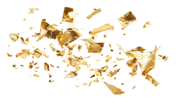 Pieces flakes of gold foil on transparent background