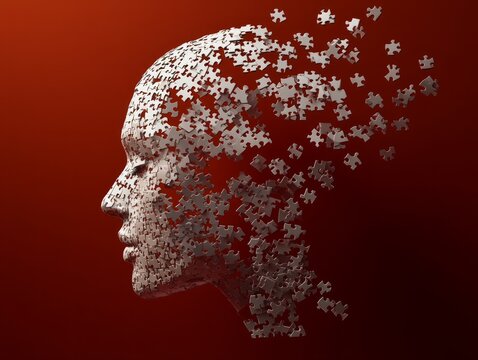 2D Human head from puzzle pieces, white puzle pieces on dark cayenne background