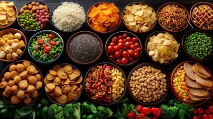 Assorted snacks and vegetables arranged in bowls showcasing a diverse selection of savory ingredients and healthy options

