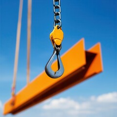 Heavyduty crane hook lifting steel beams, construction equipment in use, focus on tool