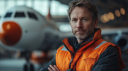 A middle-aged male airport worker wearing a safety vest stands with his arms crossed in front of an airplane in a hangar.