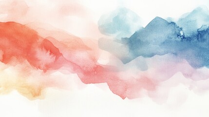 Soft watercolor painting of a dreamy mountain landscape with blending hues of red, blue, and pink, creating a serene and abstract scenic view