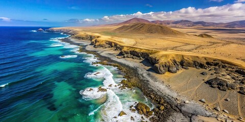 Aerial view of dry rocky desert coast with small white and black stones