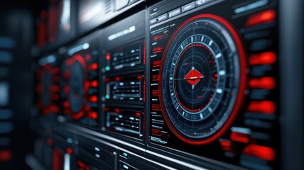 Fototapeta premium A futuristic control panel with glowing red graphics and circular displays, showcasing data and technology in a sleek, dark environment.