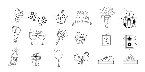 Birthday Party Doddle Set,Cute Collection of yummy treats of celebration,Hand drawn Doddle Pack,Re-color-able Scribble Pack,Printable design Drawing.   