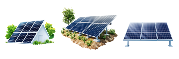 distinct solar panel designs showcasing sustainable energy solutions amidst greenery and natural settings. clipart, isolated on transparent background