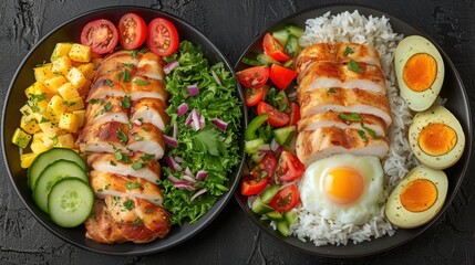 Assorted grilled chicken bowls with vegetables rice and eggs showcasing a balanced meal preparation

