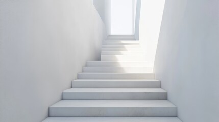 Fototapeta premium Clean white staircase leading upwards with dramatic shadows cast by bright sunlight, symbolizing progress, ascent, and minimalist architecture