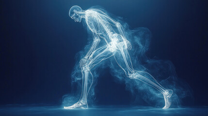 X-ray illustration of a man walking with hip pain on a blue background.