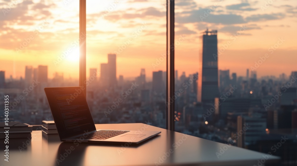 Poster a laptop sits on a desk in front of a large window as the sun sets, casting warm light over the bust