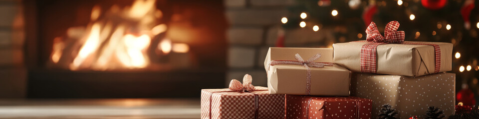 Cozy Christmas scene featuring beautifully wrapped gifts near warm fireplace, creating festive and inviting atmosphere perfect for holiday season