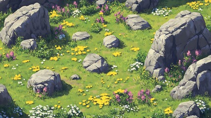 Pixel art battlemap set in a field with scattered rocks and patches of wildflowers
