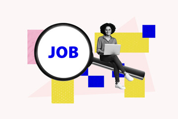 Sketch artwork of collage of huge zoom magnifier glass job offer hr recruiter research candidate new work vacancy young woman work laptop