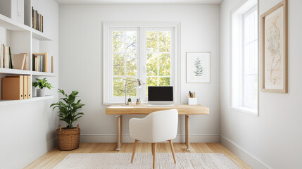 A bright and modern home office featuring wooden desk, comfortable chair, and large windows that let in natural light. space is decorated with plants and books, creating serene atmosphere