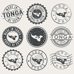 Fototapeta premium Tonga Set of Stamps. Travel Stamp. Made In Product. Design Seals Old Style Insignia.