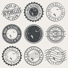 Seychelles Set of Stamps. Travel Stamp. Made In Product. Design Seals Old Style Insignia.