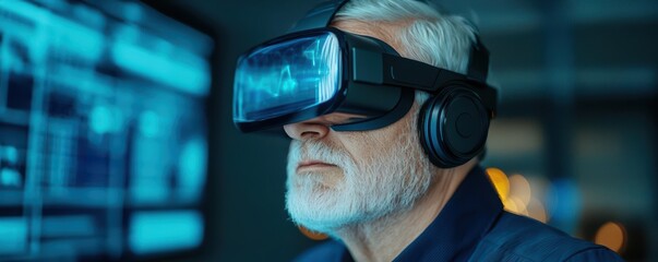 Senior engineer working on innovative tech in a futuristic lab, Silver Gen  innovation, creativity and technological advancements in later years