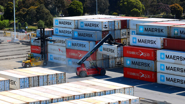 Timaru, New Zealand, 26 September, 2024: New Zealand, Timaru industrial port with ships and containers