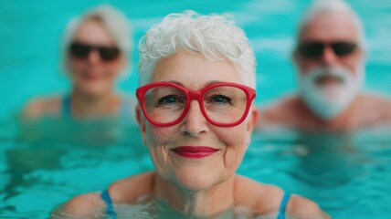 Naklejka premium Group of elderly friends swimming at a gym pool, Silver Gen aging fitness, health-conscious and physically fit seniors