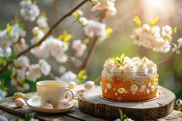 A typical Easter confection and a teacup are displayed out on an outdoor wooden tabletop with blossoms and an eerie panorama of the natural environment, Generative AI.