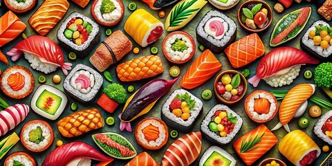 Fototapeta premium Sushi Pattern Background - Japanese Food Doodle Design for Culinary and Gastronomy Themes