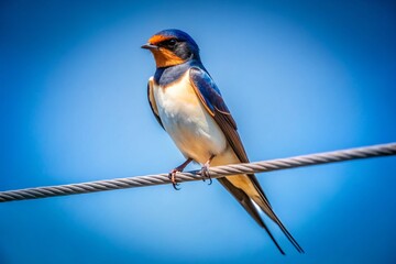 Swallow on Power Lines Under Blue Sky - Nature Photography