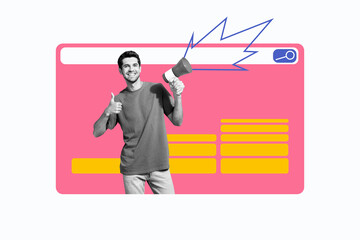 Composite photo collage of happy guy hold megaphone search tab webpage candidate hiring vacancy work isolated on painted background