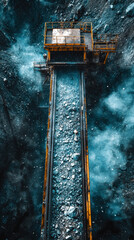 Conveyor belt transporting raw ore in mining site, surrounded by dust and debris, showcasing industrial process of mineral extraction
