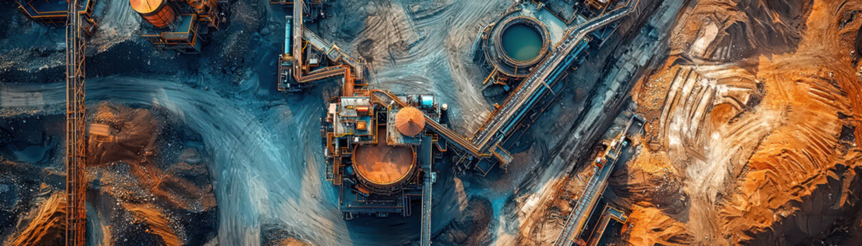 Aerial view of ore processing plant showcasing intricate machinery and mineral extraction processes. landscape features vibrant colors and textures, highlighting industrial activity