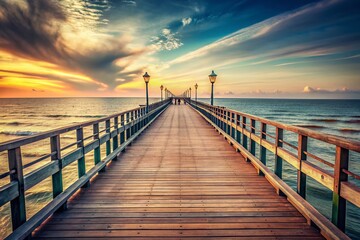Symmetrical Wooden Pier in Kolobrzeg with Vintage Effect - Serene Coastal Landscape Photography