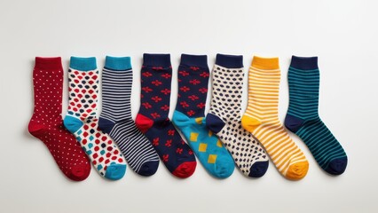 Brightly colored socks with various patterns, including stripes and polka dots, are arranged neatly in a row on a plain background.