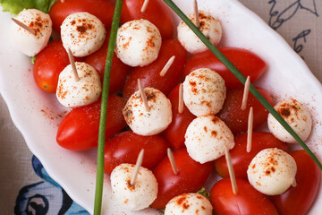 Cherry tomatoes and mini mozzarella balls on a snack plate. Finger food with vegetables and cheese, seasoned with spices. Red and white food background.
