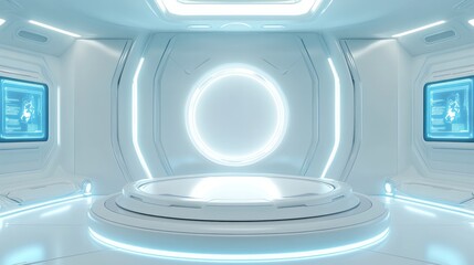 3D render of a futuristic white and blue sci-fi fashion room, with an empty circular podium in the center surrounded by a glowing light.