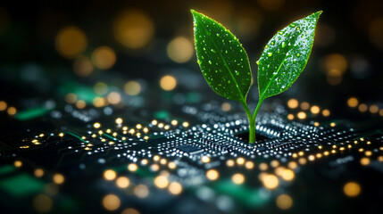 golden young green plant sprouts from a circuit board, symbolizing innovation, growth, and the harmony between nature and technology in a modern world