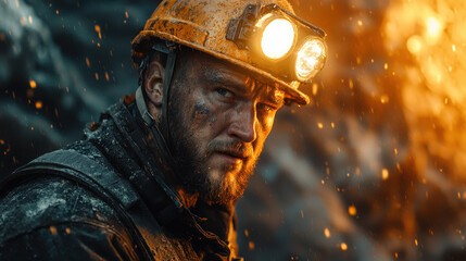 miner with headlamp looks determined amidst rugged environment, showcasing grit and resilience of those working underground. scene captures essence of hard work and dedication