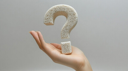hand holds a glowing 3D question mark on a sleek table, symbolizing curiosity, inquiry, and the pursuit of knowledge. The image conveys problem-solving, innovation, and the search for answers in a mod