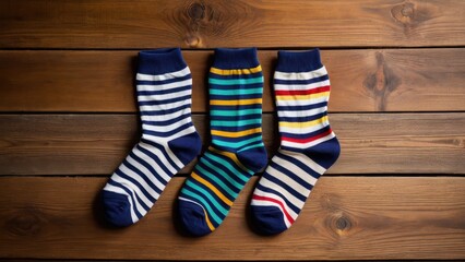 Four colorful pairs of striped socks are neatly laid out on a wooden surface, displaying a variety of patterns and vibrant hues against the rustic background.
