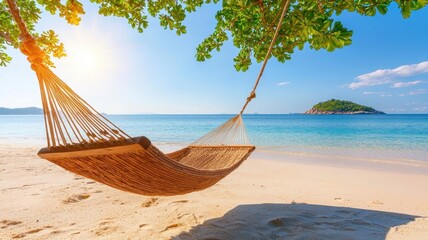 Fototapeta premium Hammock on the beach, blue sky, and tranquil ocean in the background. Generative AI