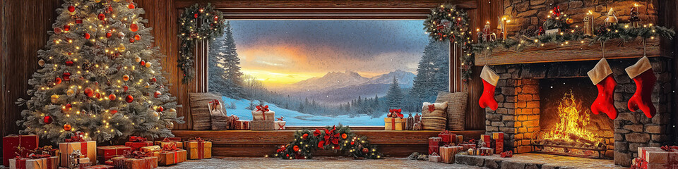 Cozy Christmas scene with a beautifully decorated tree, gifts by a roaring fireplace, and a stunning winter view, perfect for wall art, decoration, and festive invitations.