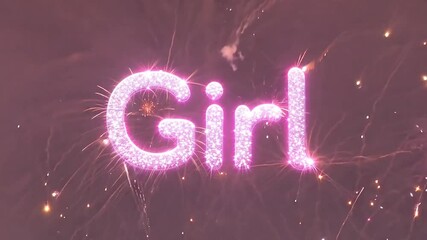 Gender reveal baby girl in fireworks sparkles, in surprise