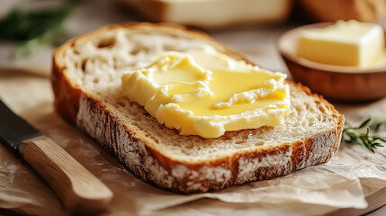 Deliciously buttered fresh bread slice, perfect for kitchen decor, food photography, wall art, or as an enticing advertisement background for culinary delights.