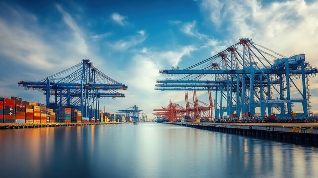 A contemporary shipping dock with massive cranes and containers, epitomizing the core of global commerce, photography style